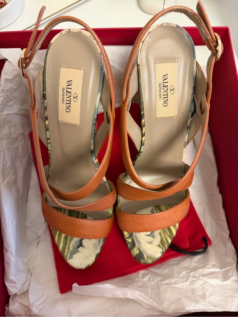 Valentino Garavani Orange Leather Floral-Print Wedge Heels
